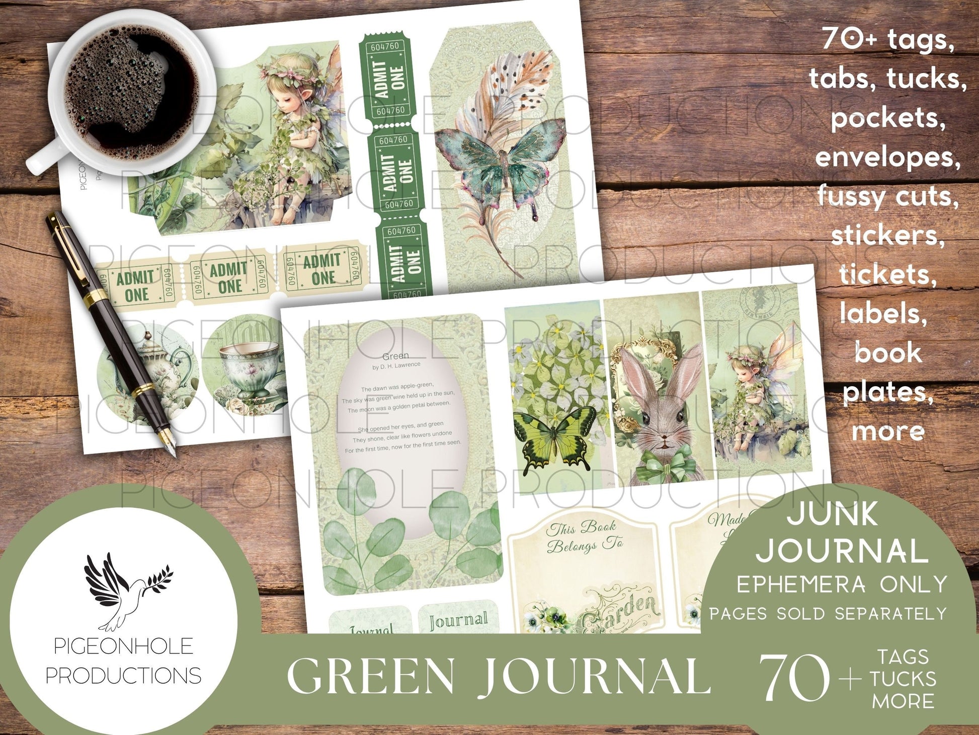 Green Junk Journal EPHEMERA, PRINTABLE, 70+ tags, tucks, pockets, envelopes, fussy cuts, stickers, tickets, labels, bookplates, SHABBY