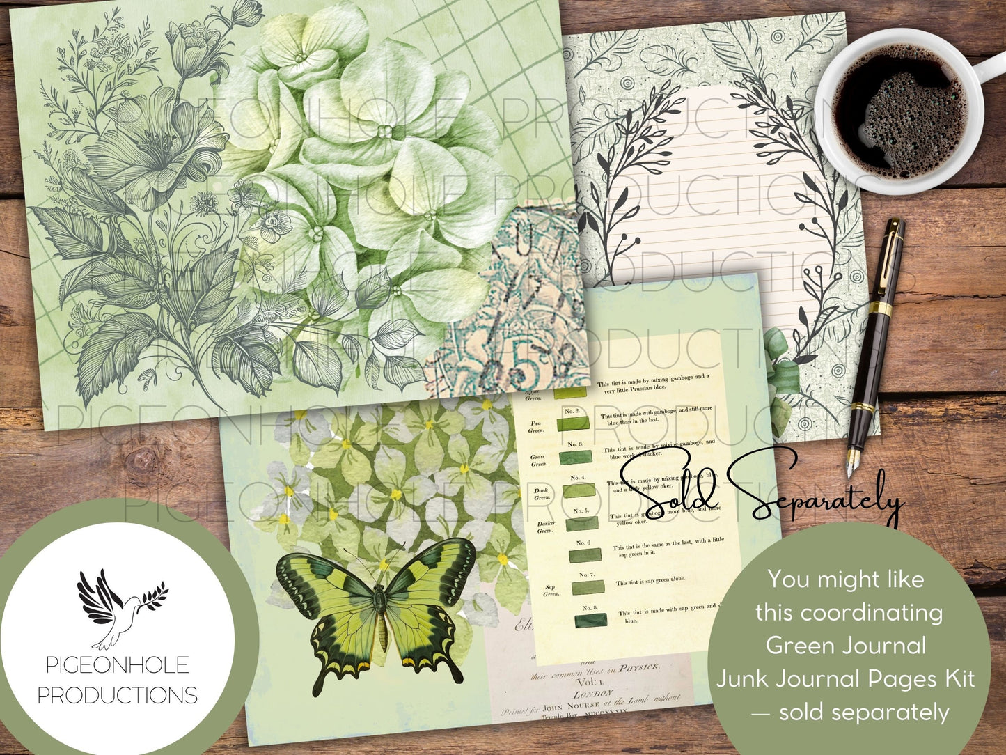 Green Junk Journal EPHEMERA, PRINTABLE, 70+ tags, tucks, pockets, envelopes, fussy cuts, stickers, tickets, labels, bookplates, SHABBY