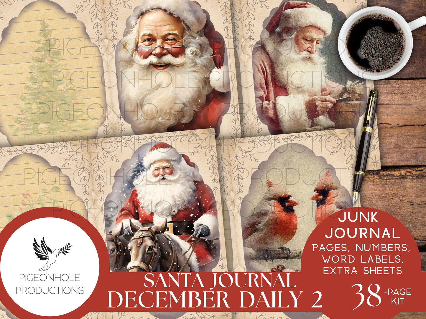 Santa December Daily 2 Junk Journal Kit, PRINTABLE, 38 sheets, includes Christmas pages, date numbers, word labels, beautiful Santa images!