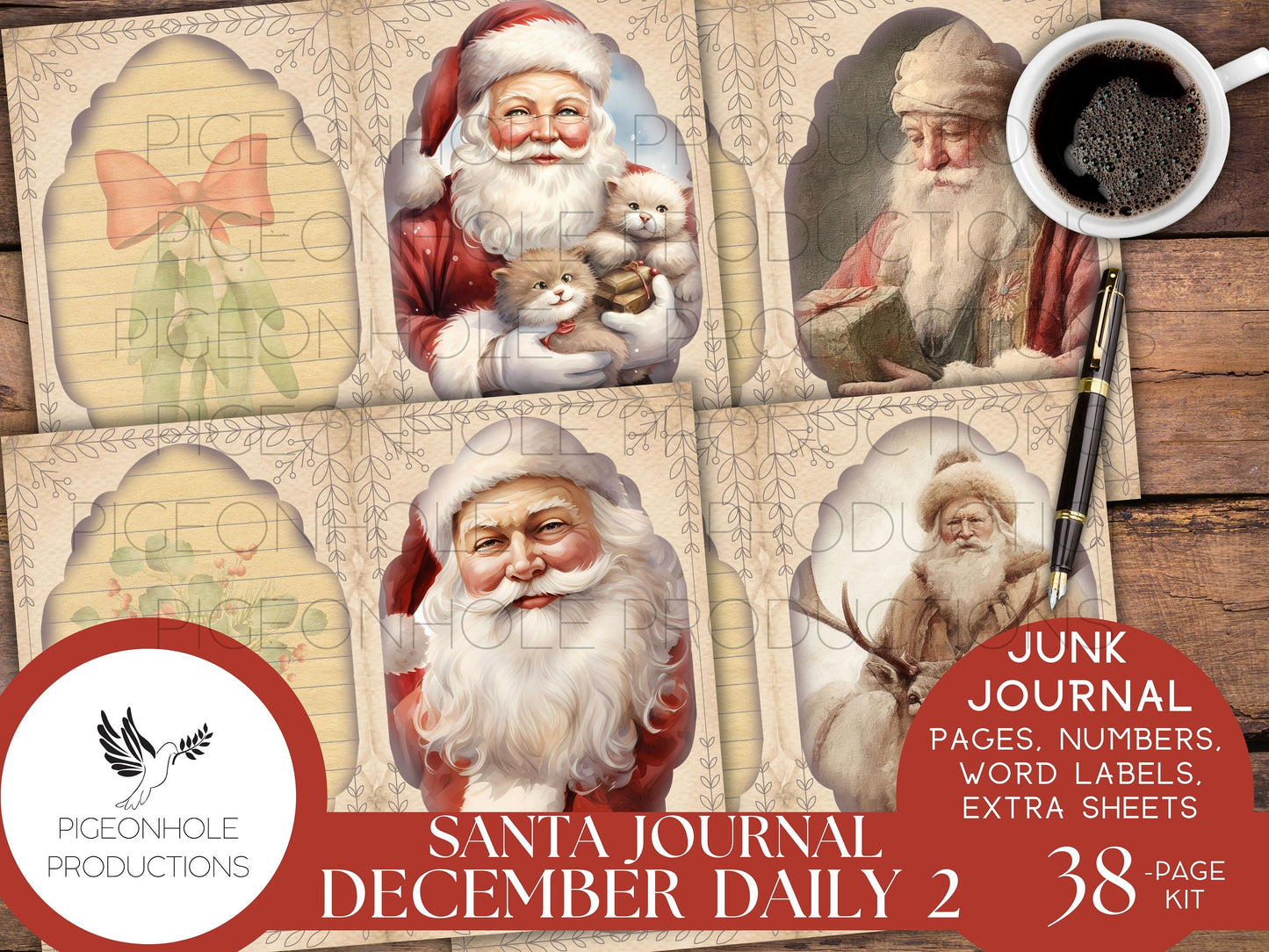 Santa December Daily 2 Junk Journal Kit, PRINTABLE, 38 sheets, includes Christmas pages, date numbers, word labels, beautiful Santa images!