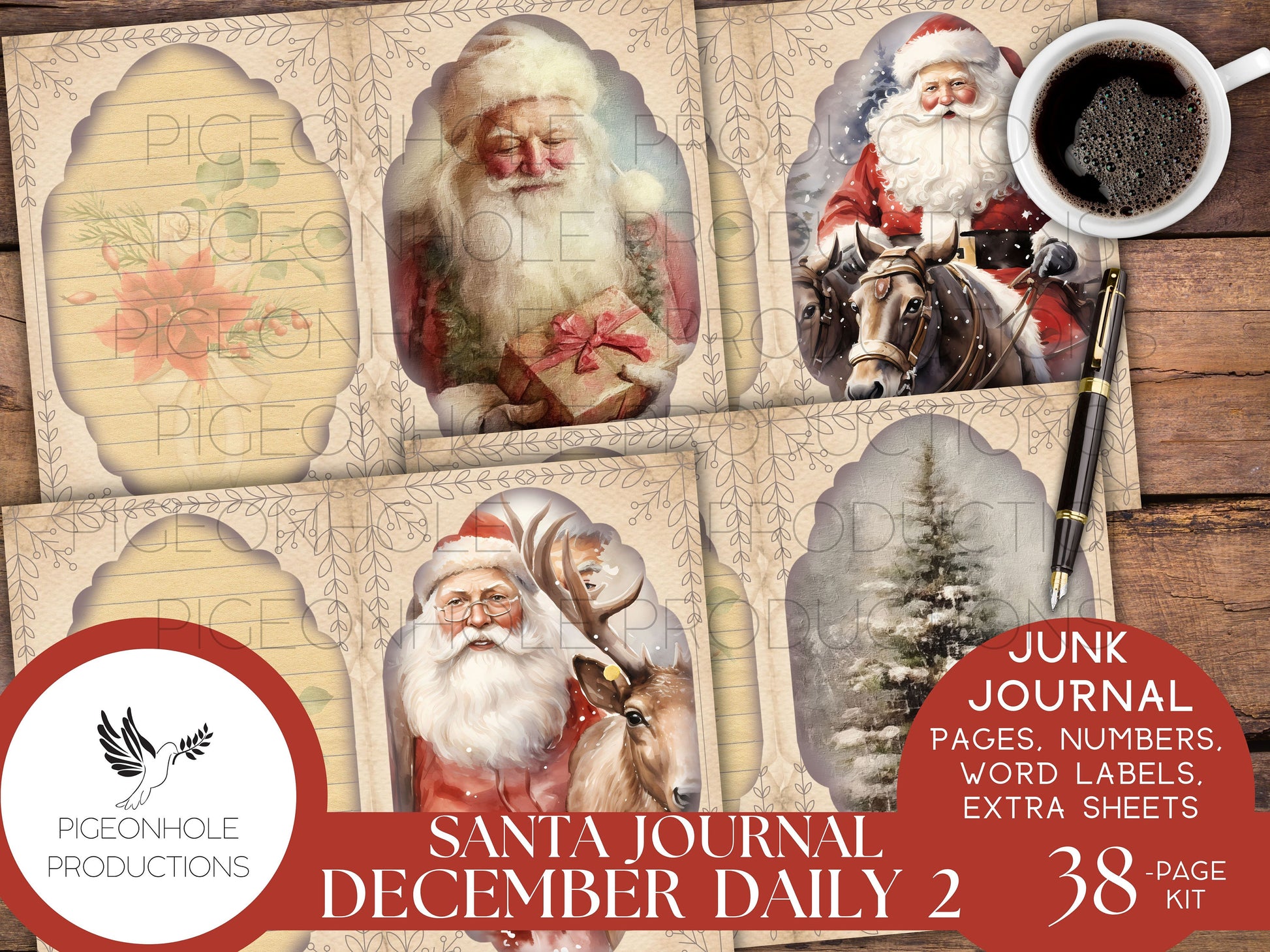 Santa December Daily 2 Junk Journal Kit, PRINTABLE, 38 sheets, includes Christmas pages, date numbers, word labels, beautiful Santa images!
