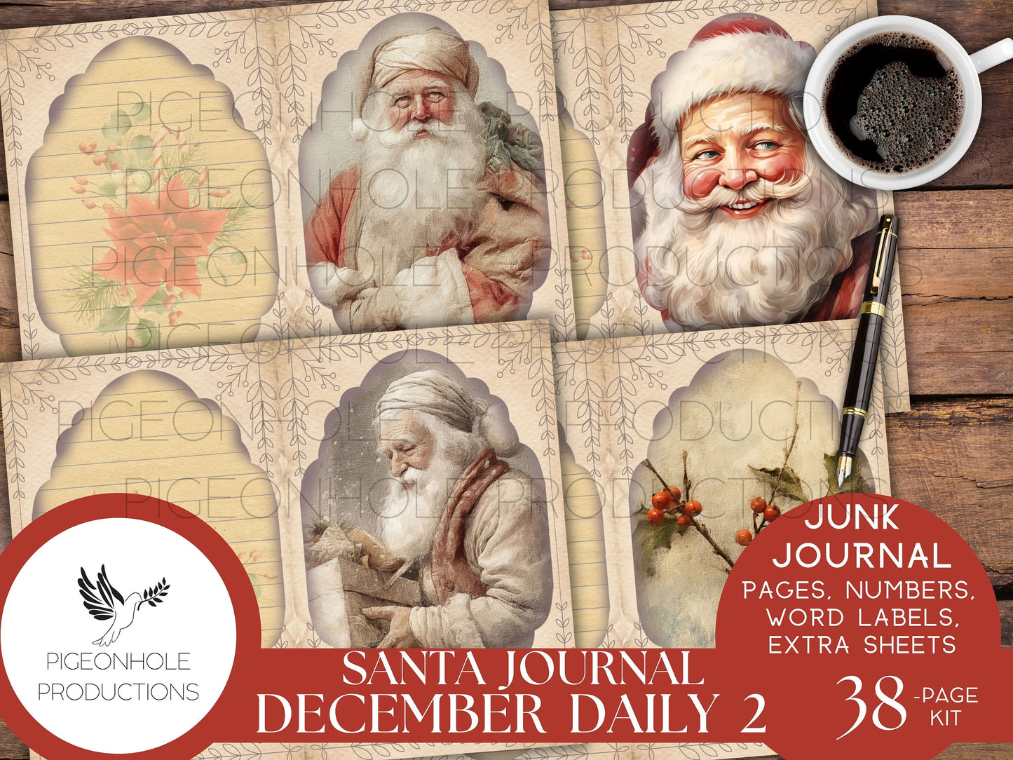 Santa December Daily 2 Junk Journal Kit, PRINTABLE, 38 sheets, includes Christmas pages, date numbers, word labels, beautiful Santa images!