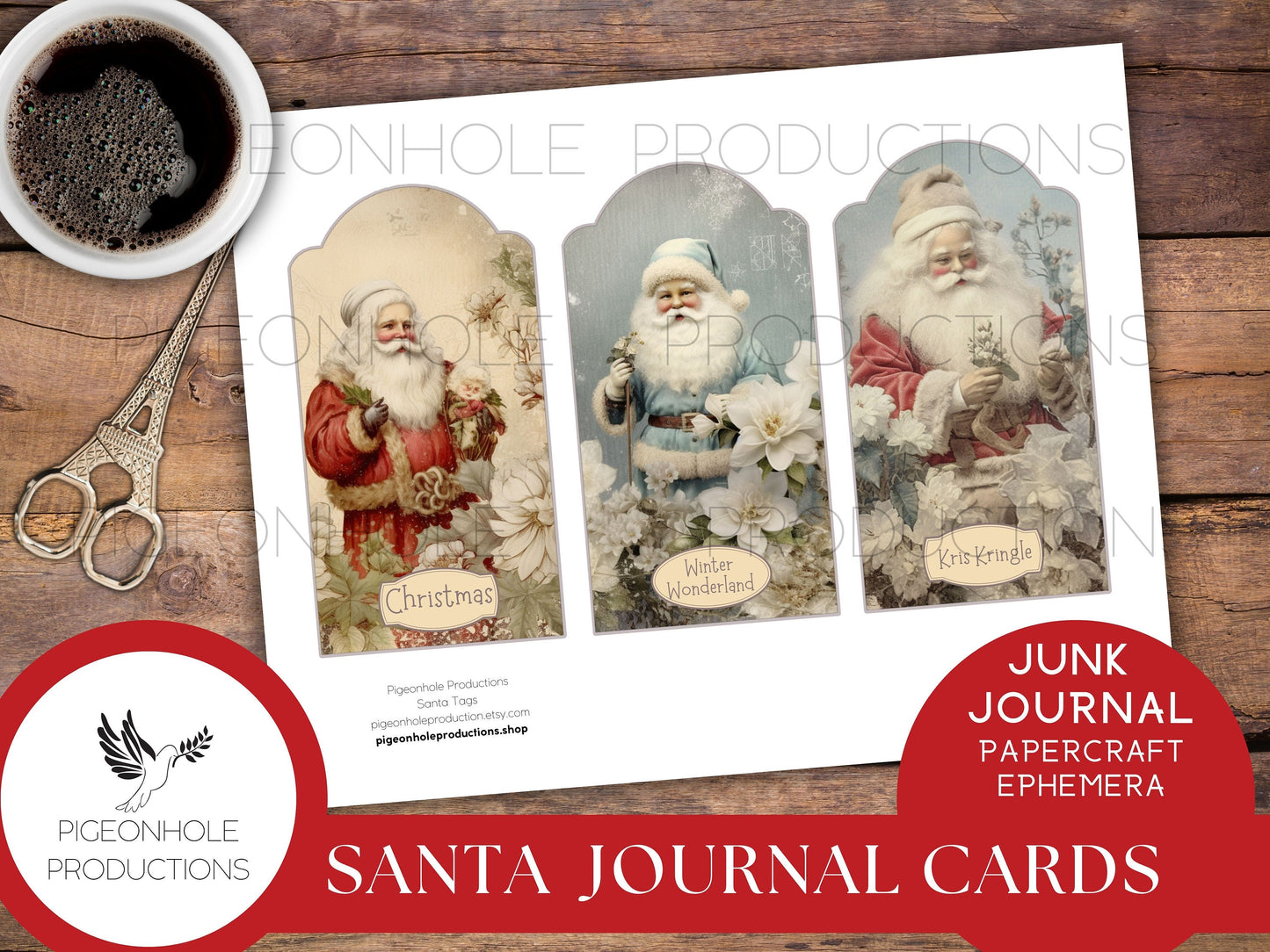 Santa Christmas Junk Journal Cards & Gift Tags, PRINTABLE, 30 journal cards, papercraft ephemera, print reduced size for gift tags