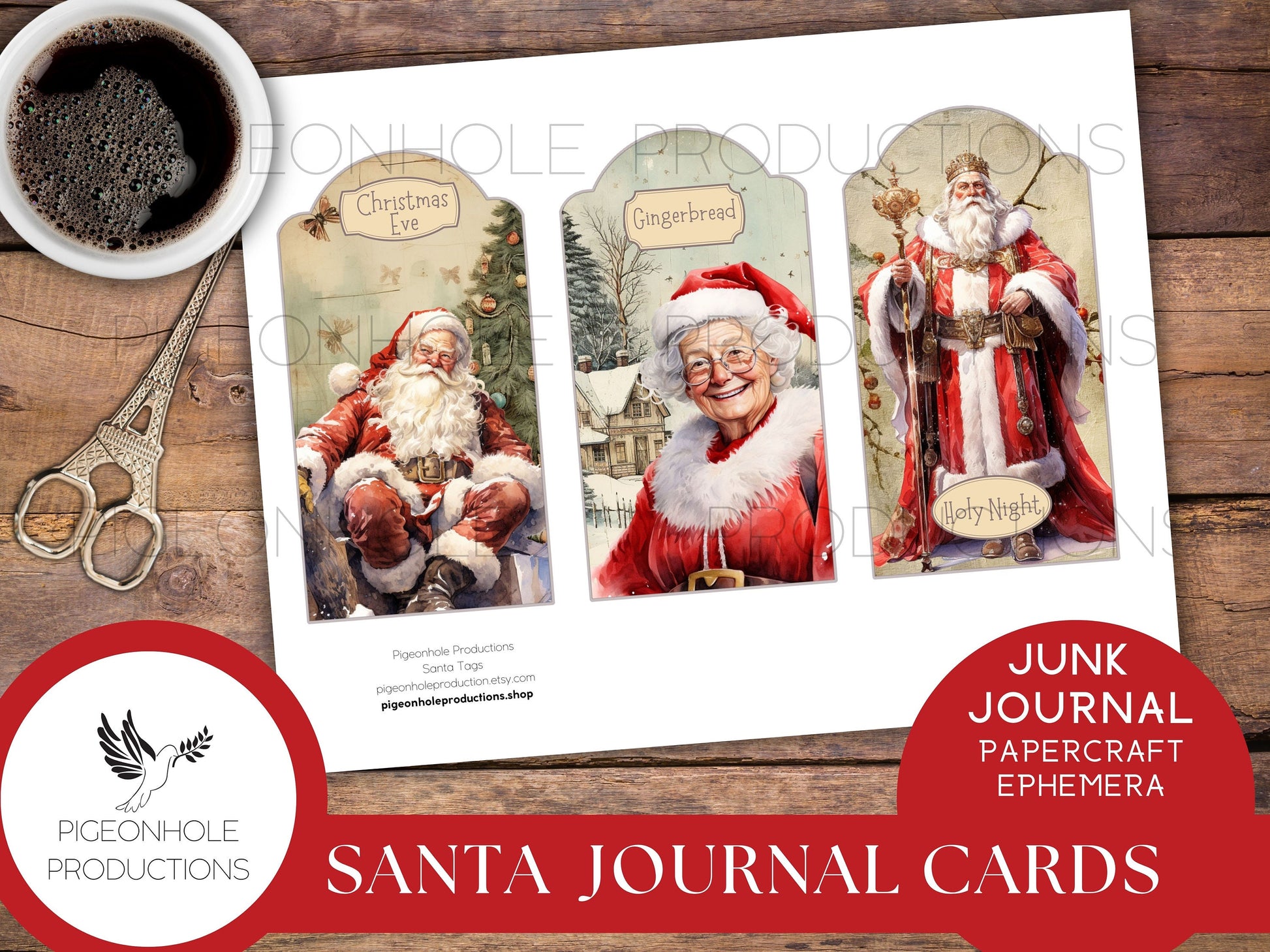 Santa Christmas Junk Journal Cards & Gift Tags, PRINTABLE, 30 journal cards, papercraft ephemera, print reduced size for gift tags