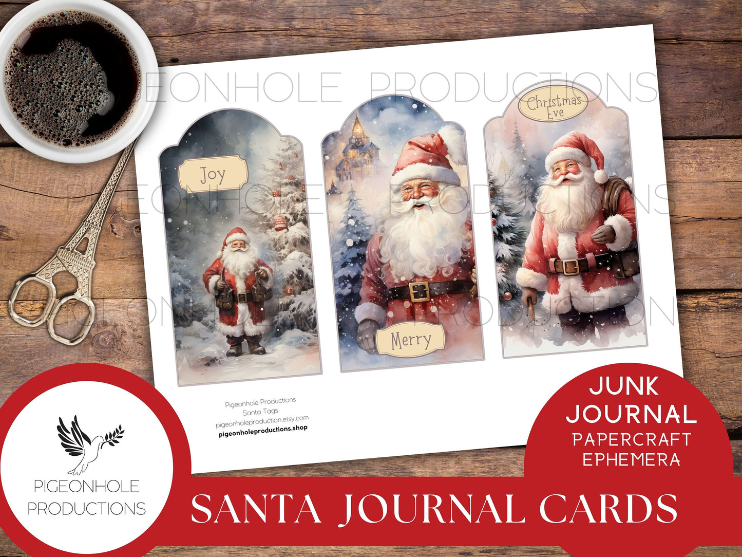 Santa Christmas Junk Journal Cards & Gift Tags, PRINTABLE, 30 journal cards, papercraft ephemera, print reduced size for gift tags