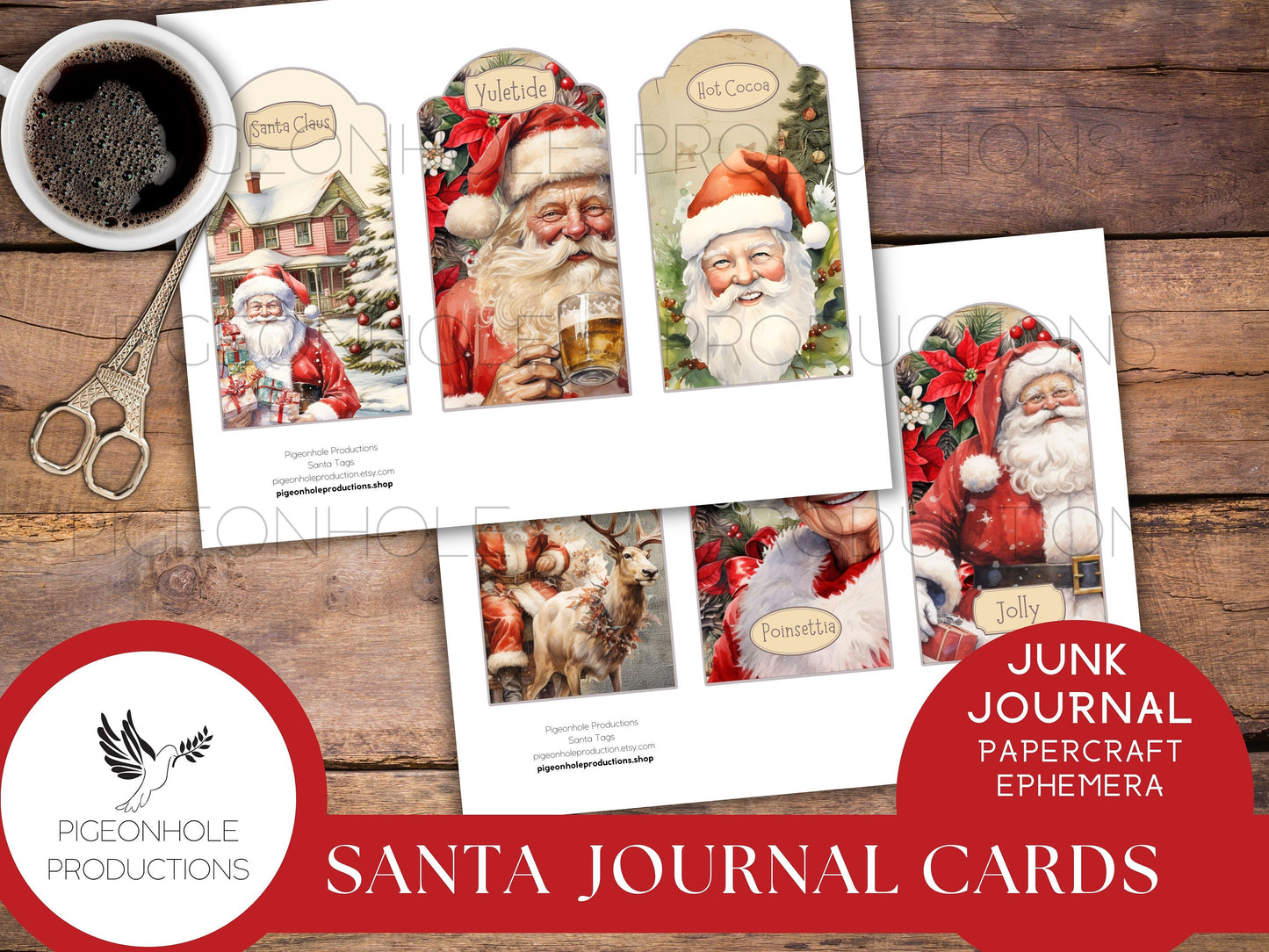 Santa Christmas Junk Journal Cards & Gift Tags, PRINTABLE, 30 journal cards, papercraft ephemera, print reduced size for gift tags