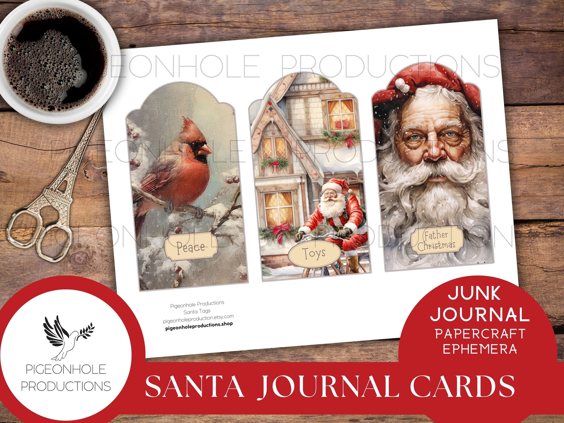 Santa Christmas Junk Journal Cards & Gift Tags, PRINTABLE, 30 journal cards, papercraft ephemera, print reduced size for gift tags