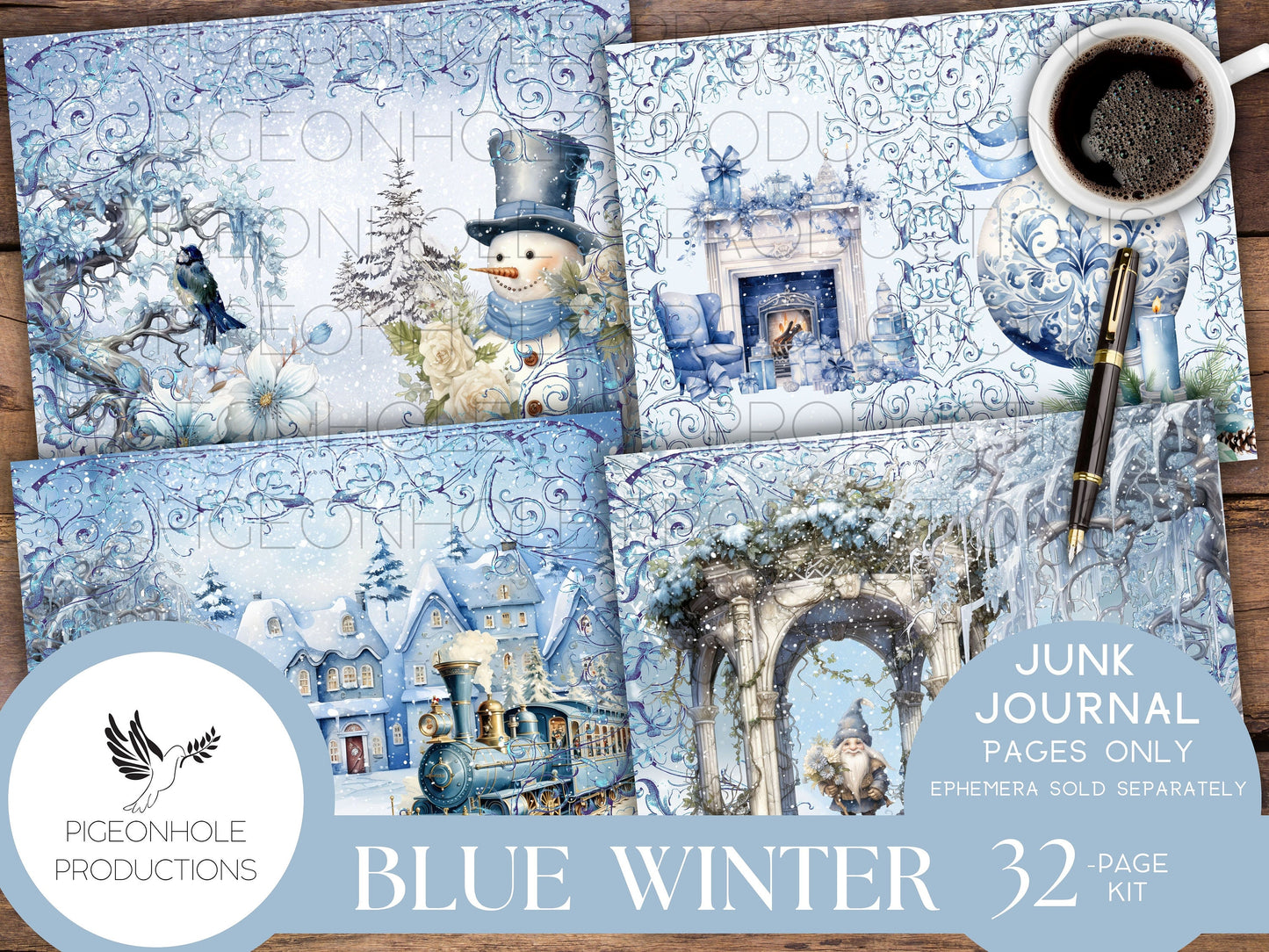 Blue Winter Junk Journal Pages, PRINTABLE, 32 collage, lined & unlined journal papers in frosty winter scenes, lovely blues, pretty images