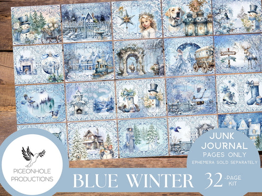 Blue Winter Junk Journal Pages, PRINTABLE, 32 collage, lined & unlined journal papers in frosty winter scenes, lovely blues, pretty images