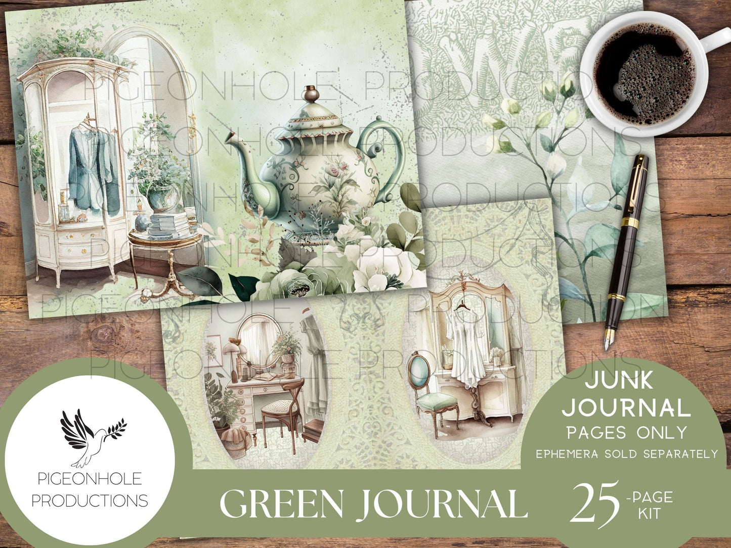 Green Junk Journal Pages, PRINTABLE, 25 decorative, background, backing and lined journal sheets in green, emerald & olive, for papercrafts