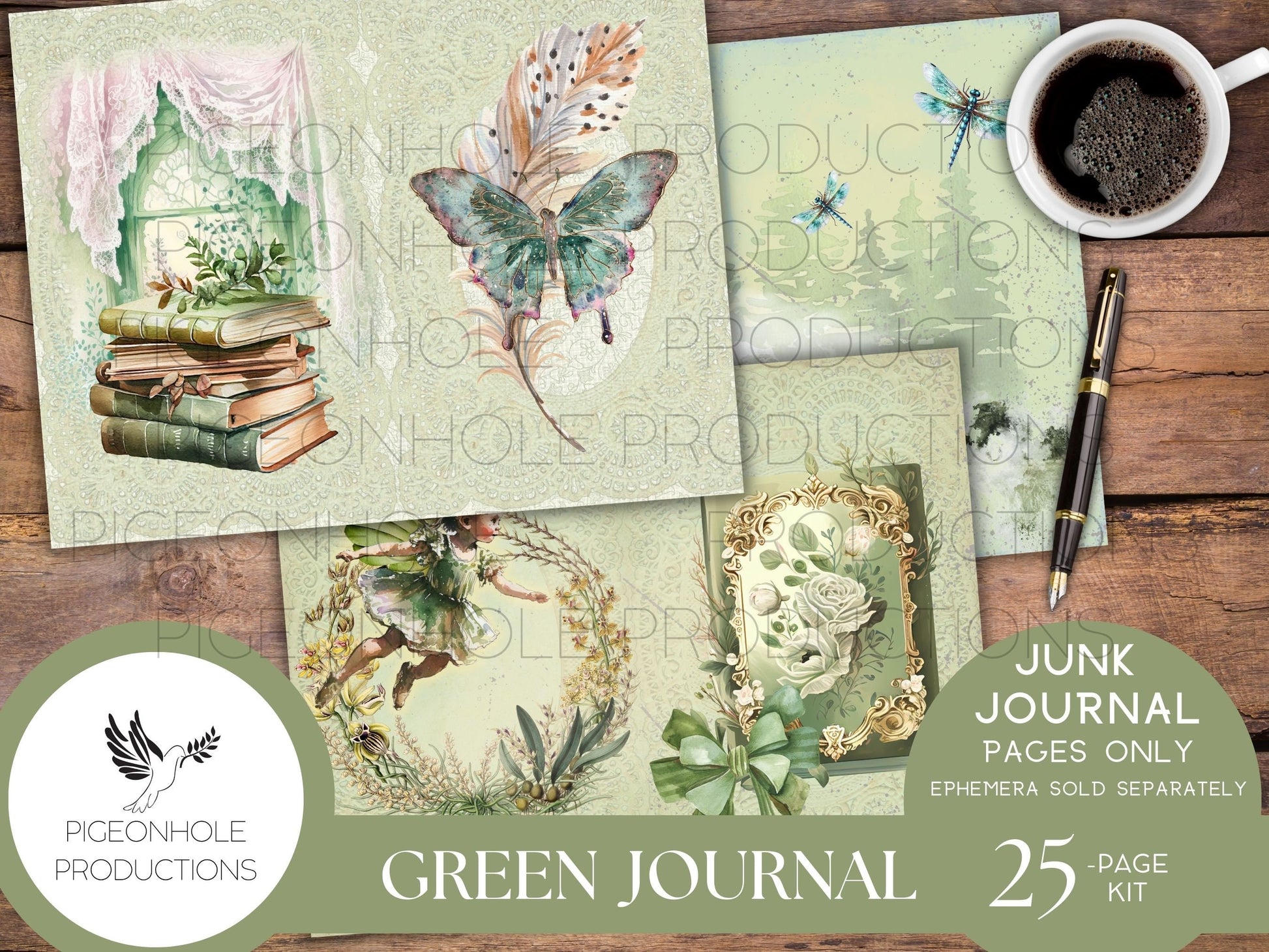 Green Junk Journal Pages, PRINTABLE, 25 decorative, background, backing and lined journal sheets in green, emerald & olive, for papercrafts