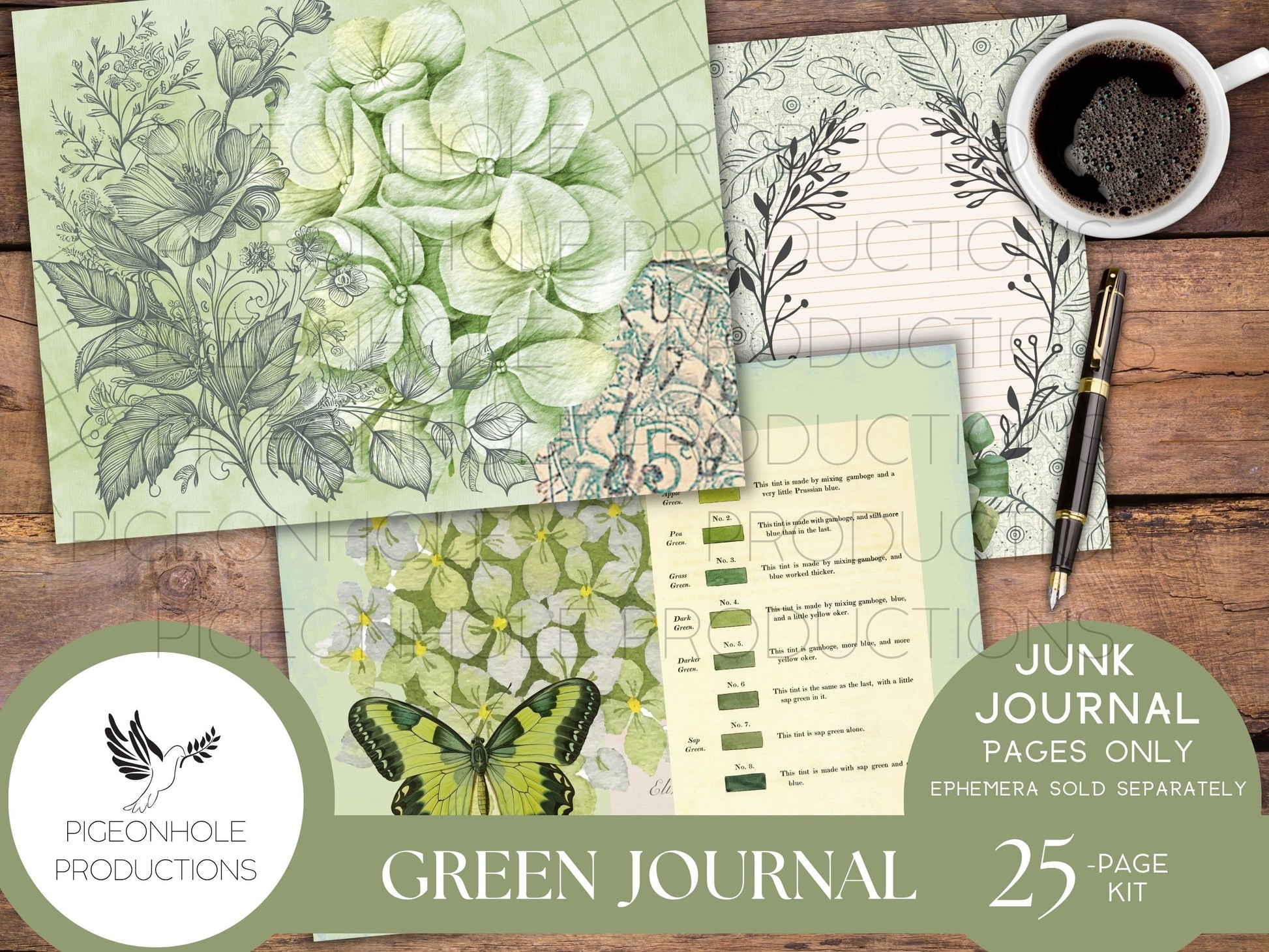 Green Junk Journal Pages, PRINTABLE, 25 decorative, background, backing and lined journal sheets in green, emerald & olive, for papercrafts