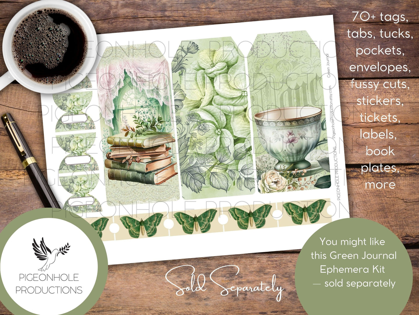 Green Junk Journal Pages, PRINTABLE, 25 decorative, background, backing and lined journal sheets in green, emerald & olive, for papercrafts