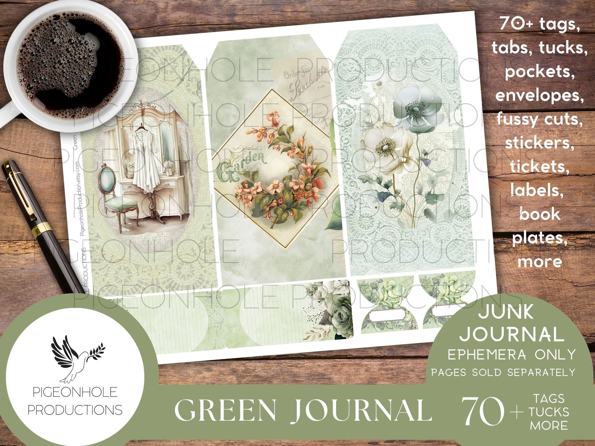 Green Junk Journal EPHEMERA, PRINTABLE, 70+ tags, tucks, pockets, envelopes, fussy cuts, stickers, tickets, labels, bookplates, SHABBY