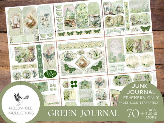 Green Junk Journal EPHEMERA, PRINTABLE, 70+ tags, tucks, pockets, envelopes, fussy cuts, stickers, tickets, labels, bookplates, SHABBY