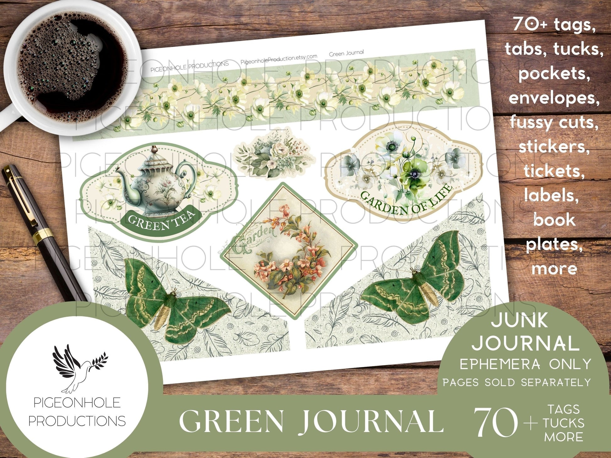 Green Junk Journal EPHEMERA, PRINTABLE, 70+ tags, tucks, pockets, envelopes, fussy cuts, stickers, tickets, labels, bookplates, SHABBY
