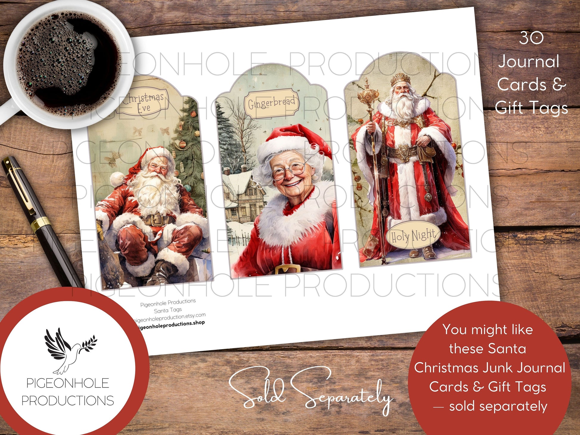 Santa December Daily 2 Junk Journal Kit, PRINTABLE, 38 sheets, includes Christmas pages, date numbers, word labels, beautiful Santa images!