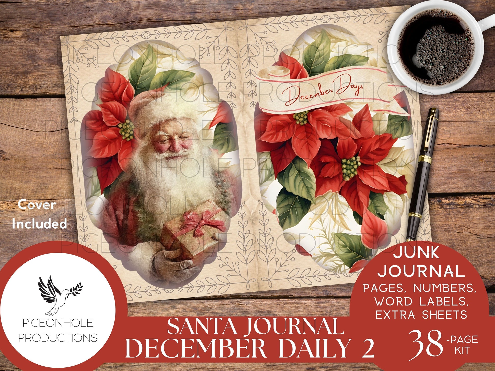 Santa December Daily 2 Junk Journal Kit, PRINTABLE, 38 sheets, includes Christmas pages, date numbers, word labels, beautiful Santa images!