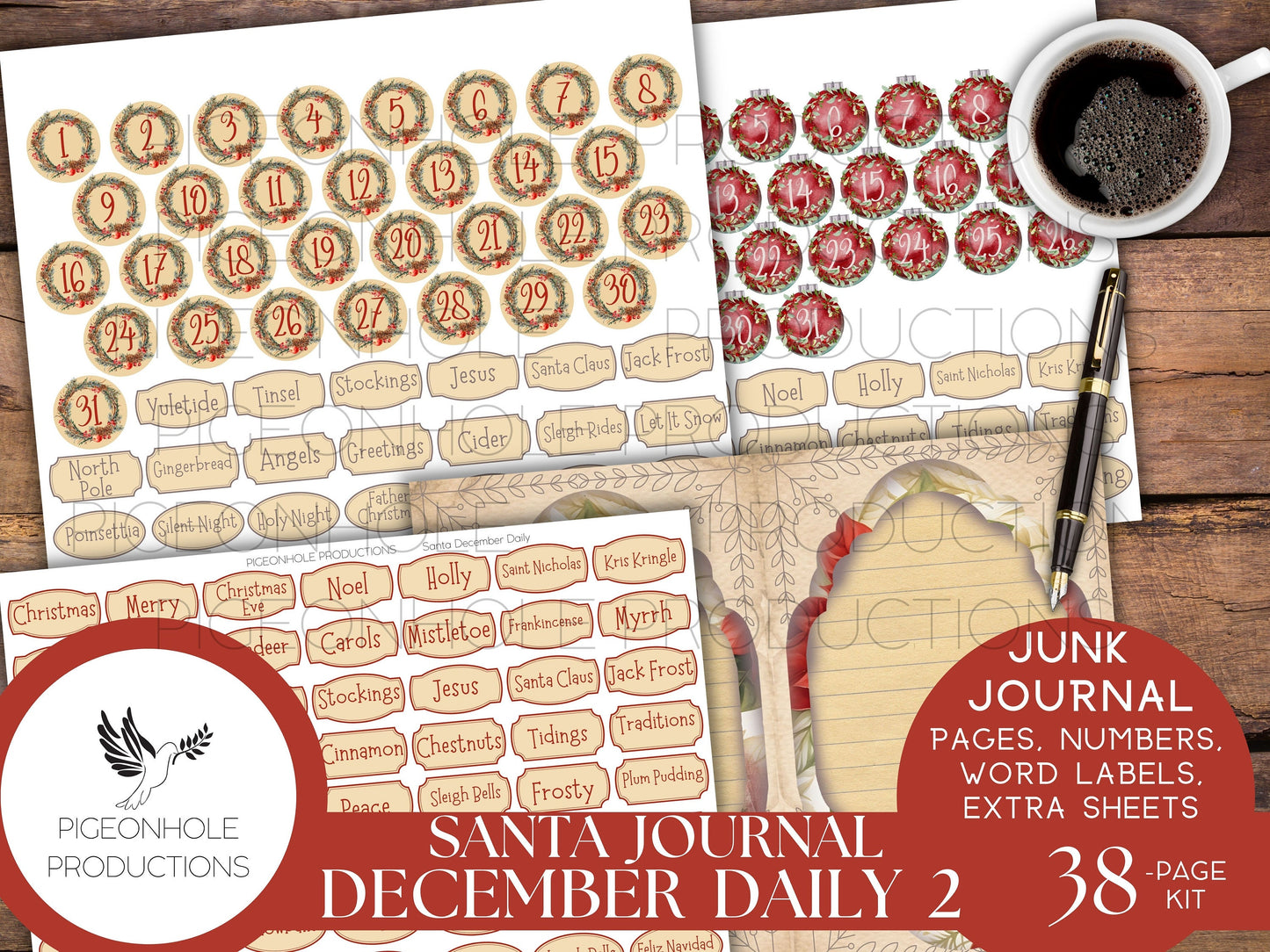 Santa December Daily 2 Junk Journal Kit, PRINTABLE, 38 sheets, includes Christmas pages, date numbers, word labels, beautiful Santa images!