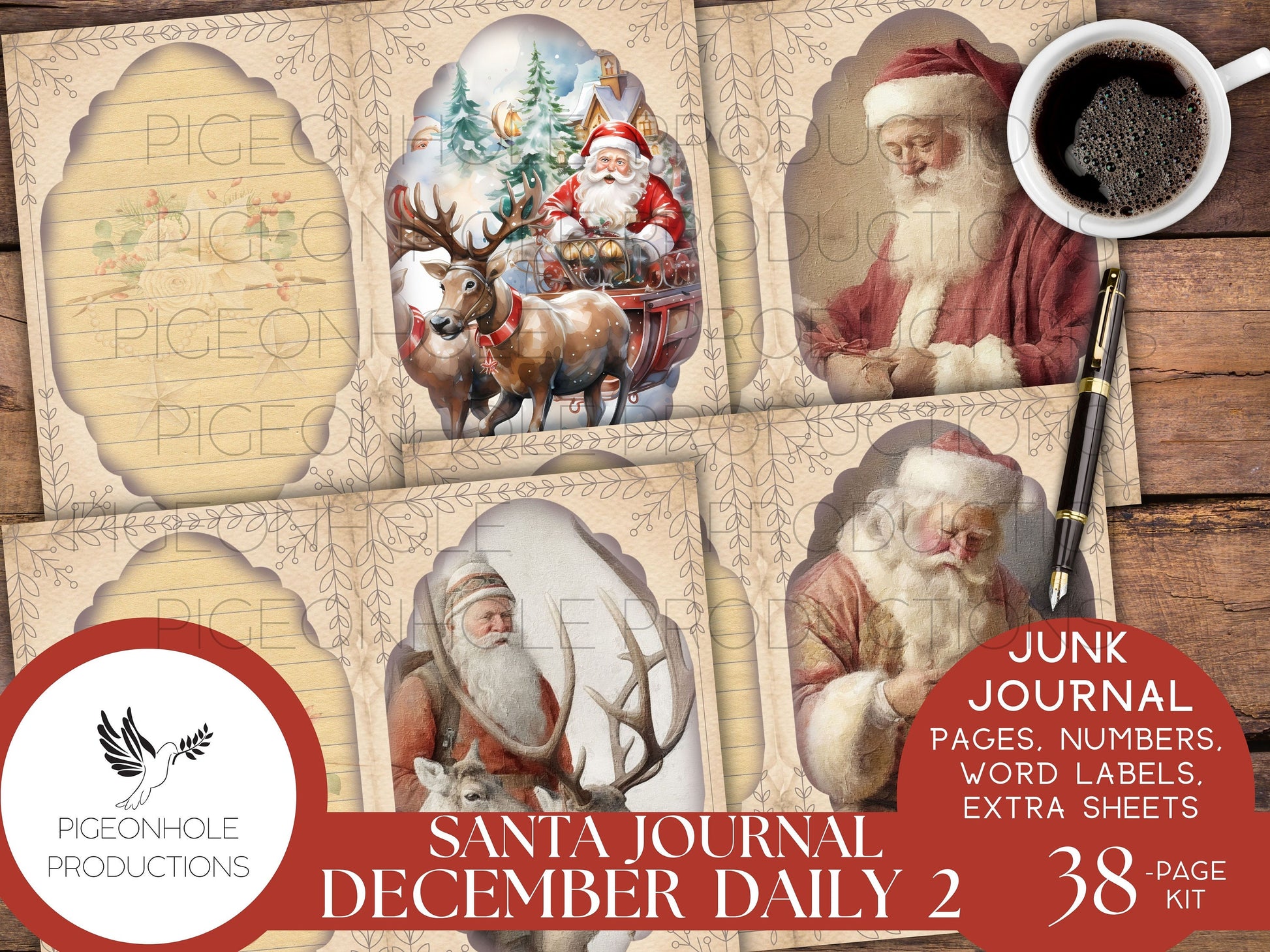 Santa December Daily 2 Junk Journal Kit, PRINTABLE, 38 sheets, includes Christmas pages, date numbers, word labels, beautiful Santa images!