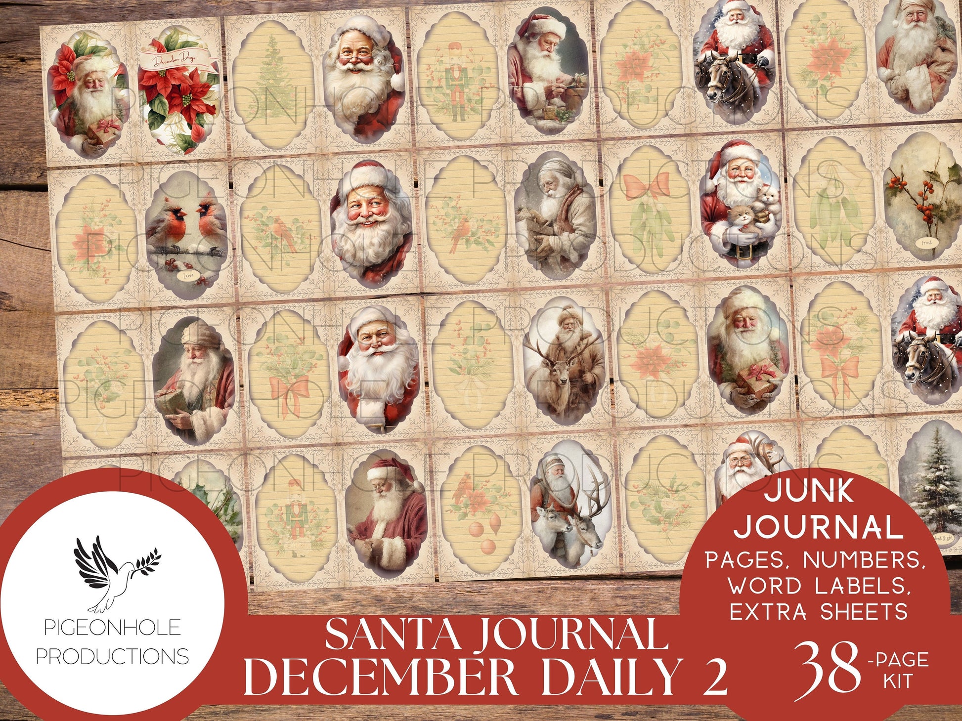 Santa December Daily 2 Junk Journal Kit, PRINTABLE, 38 sheets, includes Christmas pages, date numbers, word labels, beautiful Santa images!