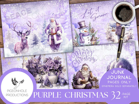 Purple Christmas Junk Journal Pages, PRINTABLE, 32 collage, lined & unlined wintery Christmas scenes, lovely purples, lavenders, Santa Claus