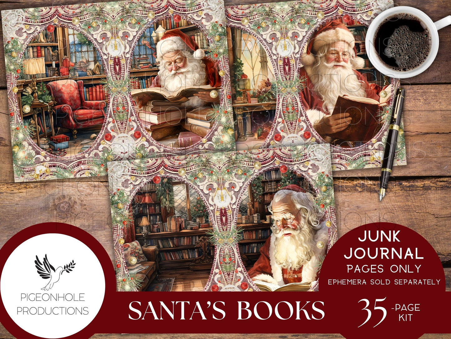 Santa's Books Christmas Junk Journal, Reading Log, Wish List, PRINTABLE, beautiful images of Santa reading his favorite books in his library