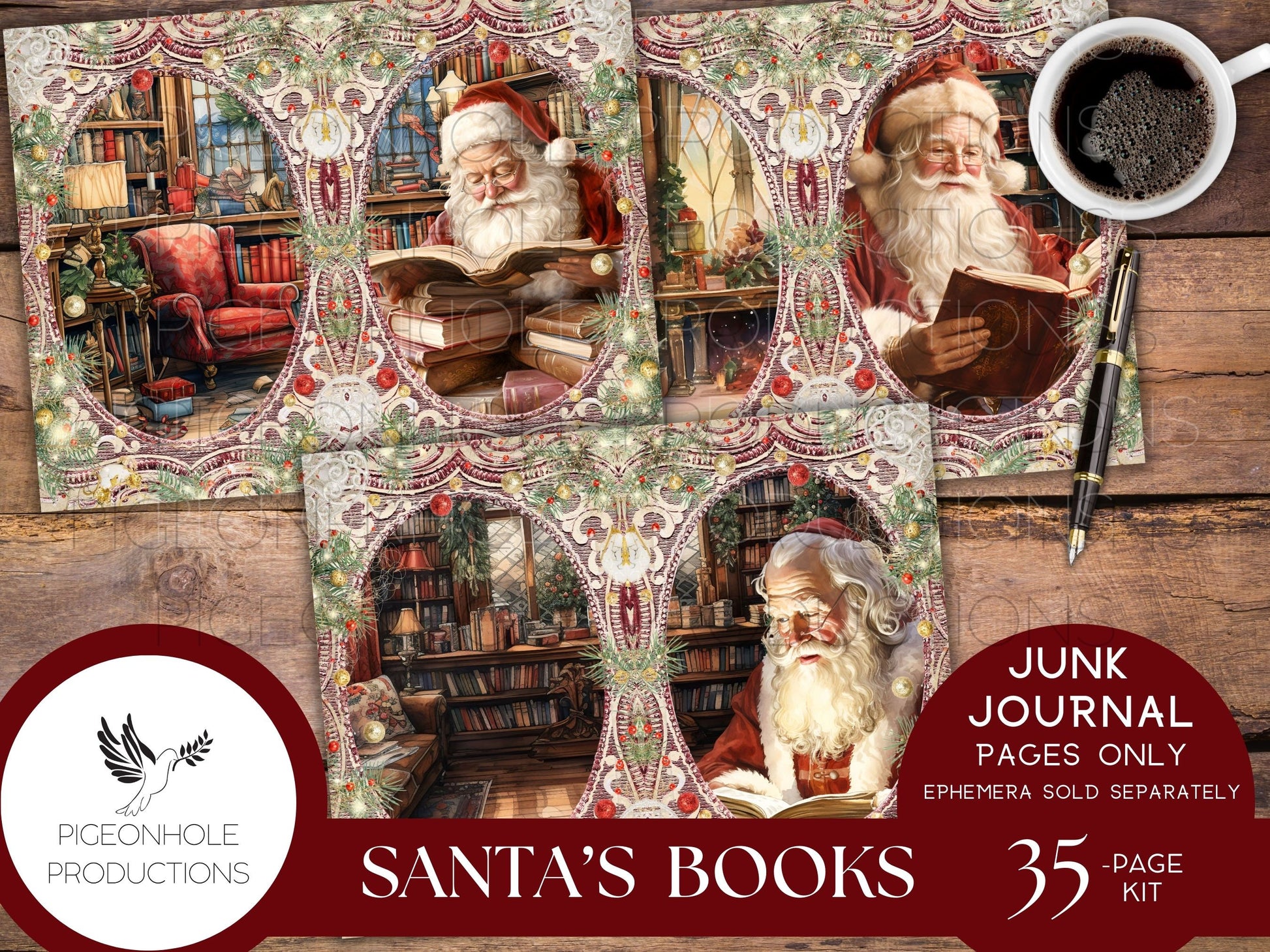 Santa's Books Christmas Junk Journal, Reading Log, Wish List, PRINTABLE, beautiful images of Santa reading his favorite books in his library