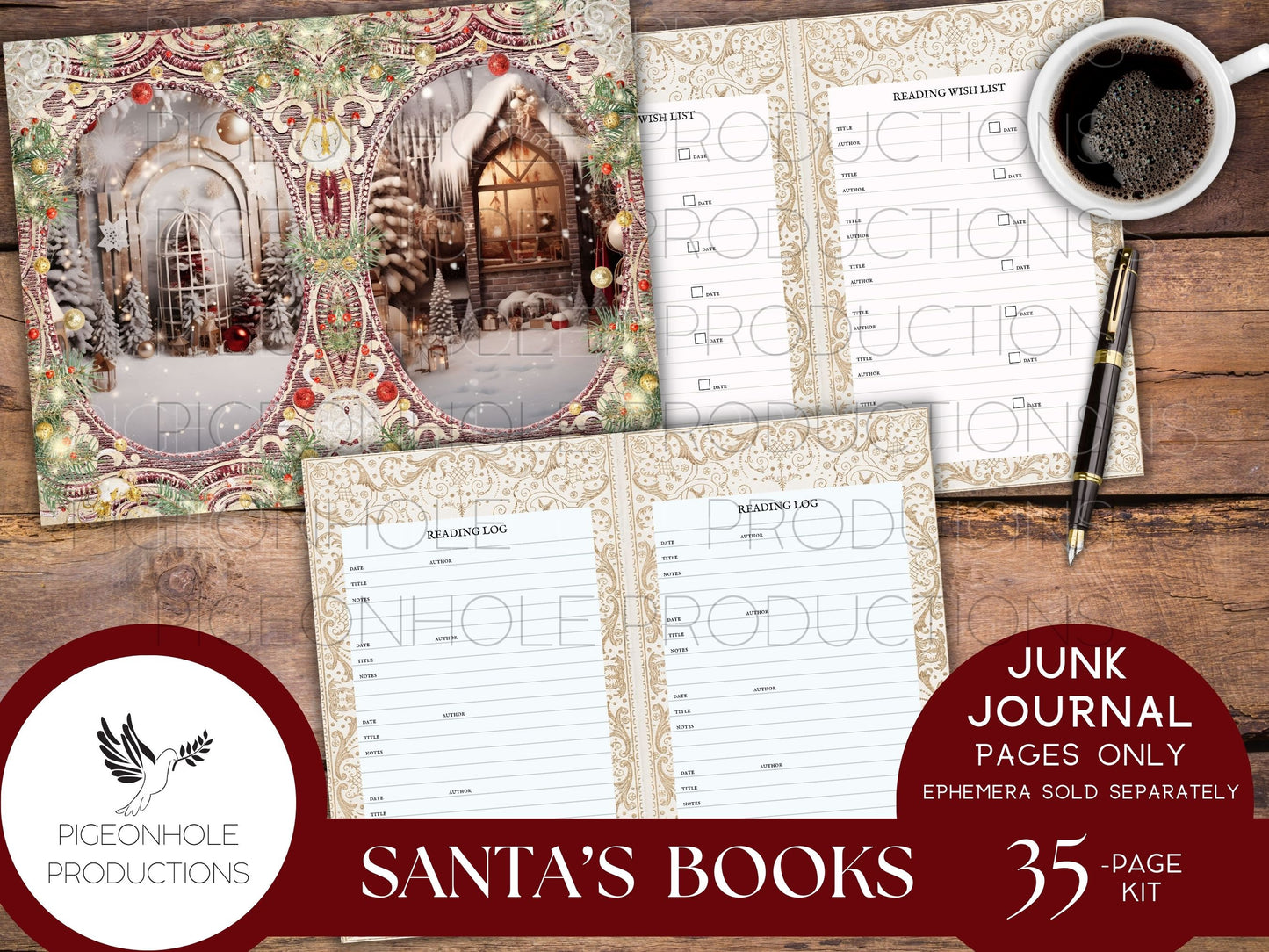 Santa's Books Christmas Junk Journal, Reading Log, Wish List, PRINTABLE, beautiful images of Santa reading his favorite books in his library