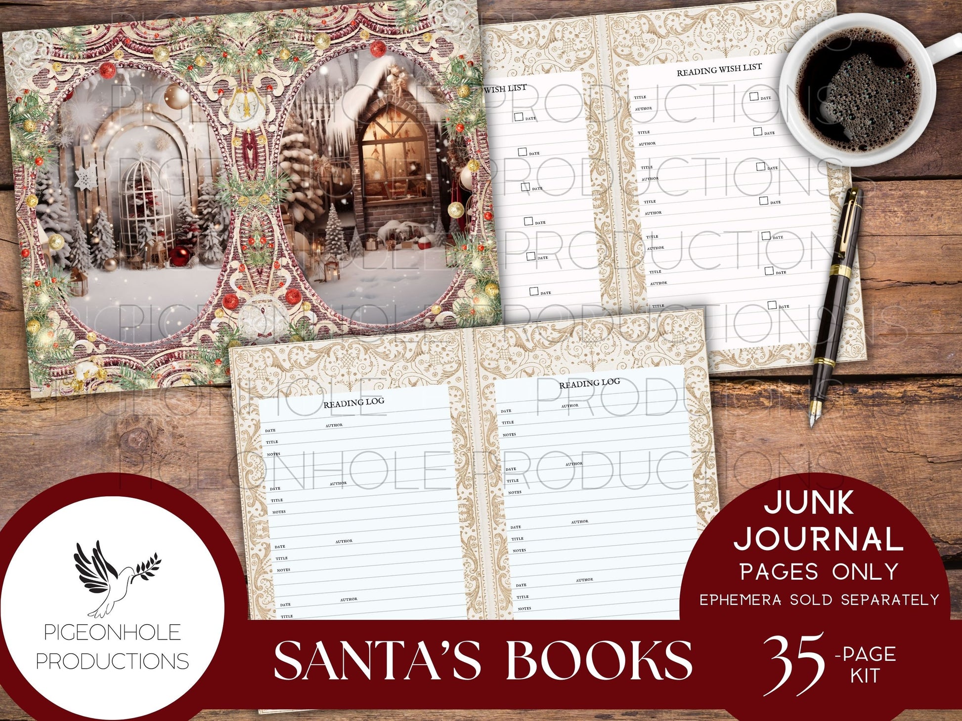 Santa's Books Christmas Junk Journal, Reading Log, Wish List, PRINTABLE, beautiful images of Santa reading his favorite books in his library
