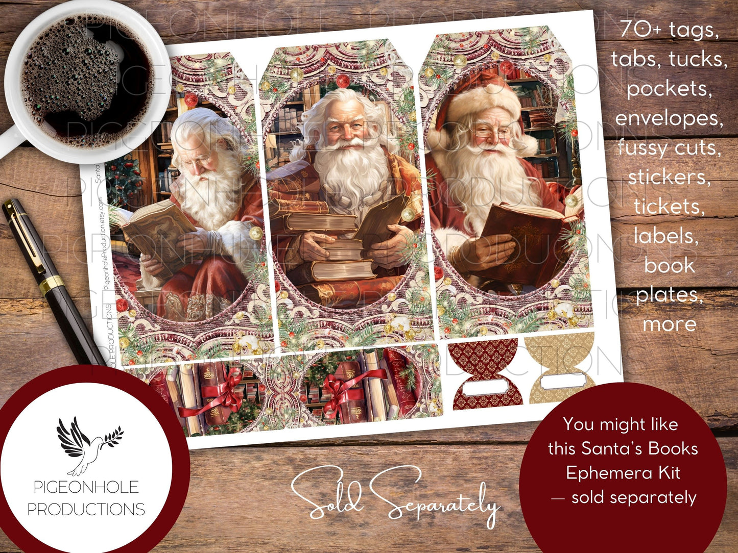 Santa's Books Christmas Junk Journal, Reading Log, Wish List, PRINTABLE, beautiful images of Santa reading his favorite books in his library
