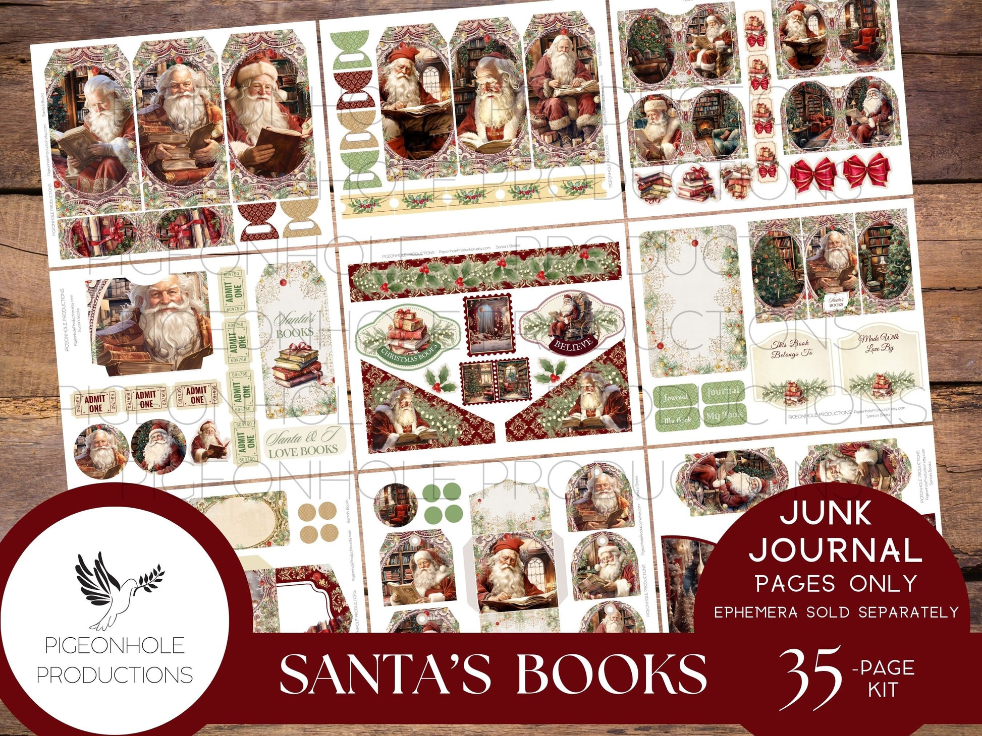 Santa's Books Christmas Junk Journal EPHEMERA, PRINTABLE, 70+ tags, tucks, pockets, envelopes, fussy cuts, stickers, tickets, labels, more!
