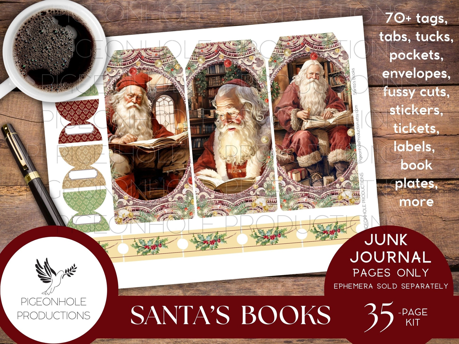 Santa's Books Christmas Junk Journal EPHEMERA, PRINTABLE, 70+ tags, tucks, pockets, envelopes, fussy cuts, stickers, tickets, labels, more!