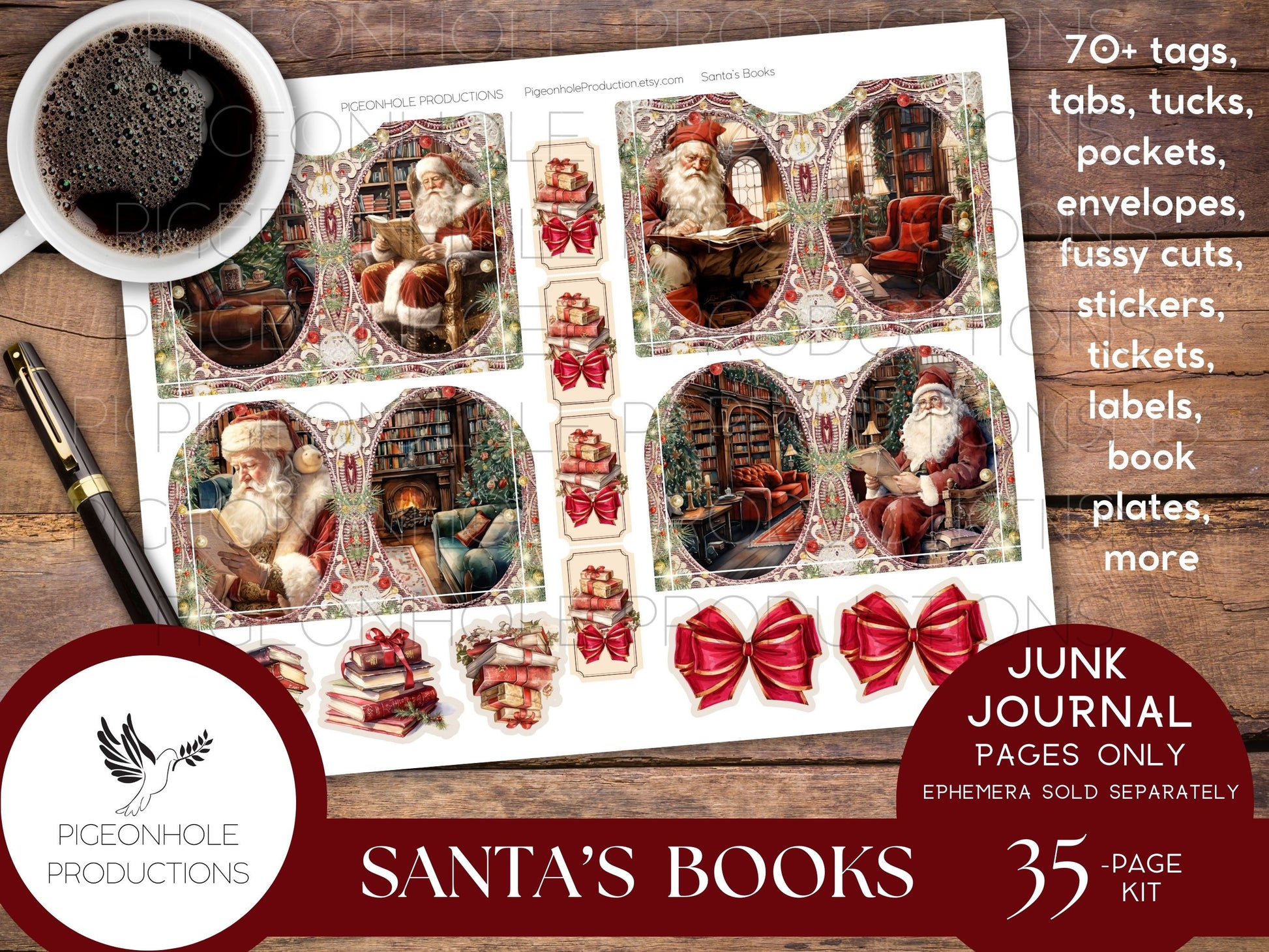 Santa's Books Christmas Junk Journal EPHEMERA, PRINTABLE, 70+ tags, tucks, pockets, envelopes, fussy cuts, stickers, tickets, labels, more!