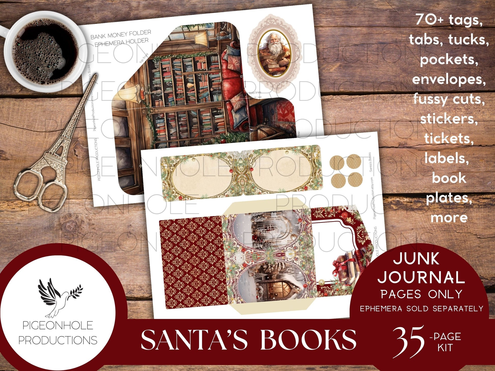 Santa's Books Christmas Junk Journal EPHEMERA, PRINTABLE, 70+ tags, tucks, pockets, envelopes, fussy cuts, stickers, tickets, labels, more!