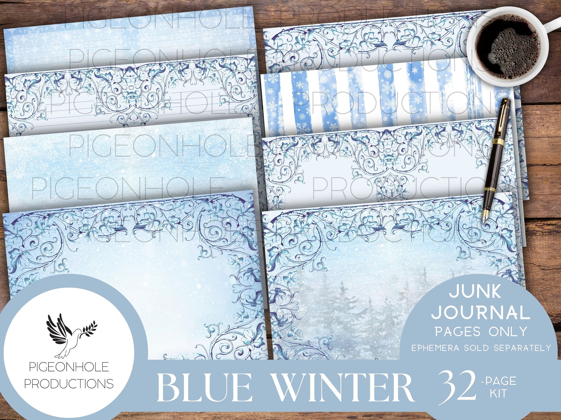 Blue Winter Junk Journal Pages, PRINTABLE, 32 collage, lined & unlined journal papers in frosty winter scenes, lovely blues, pretty images