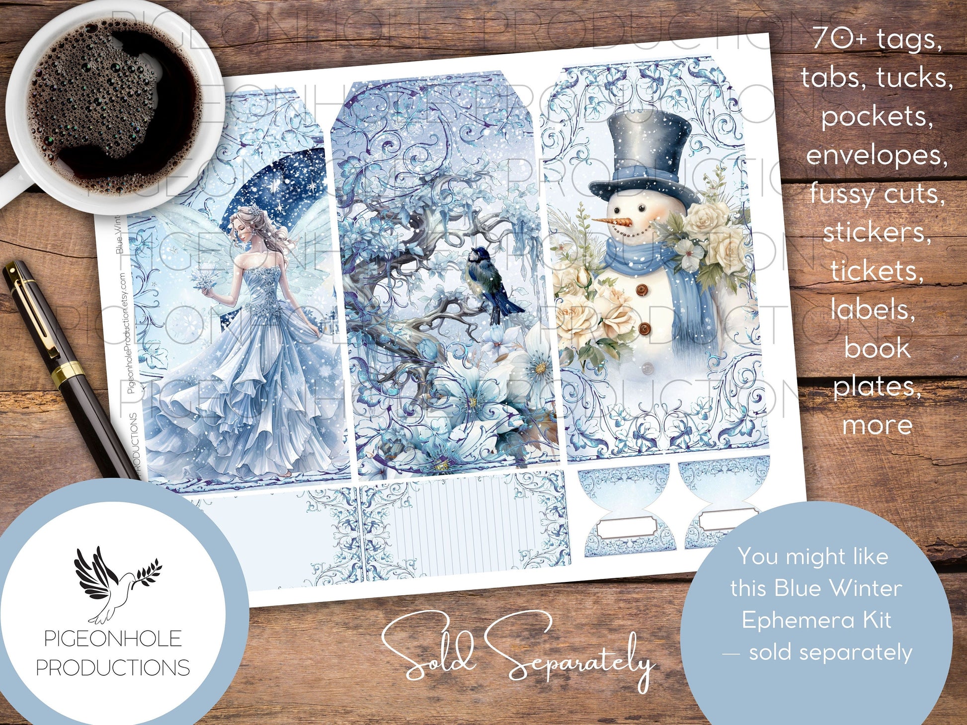 Blue Winter Junk Journal Pages, PRINTABLE, 32 collage, lined & unlined journal papers in frosty winter scenes, lovely blues, pretty images