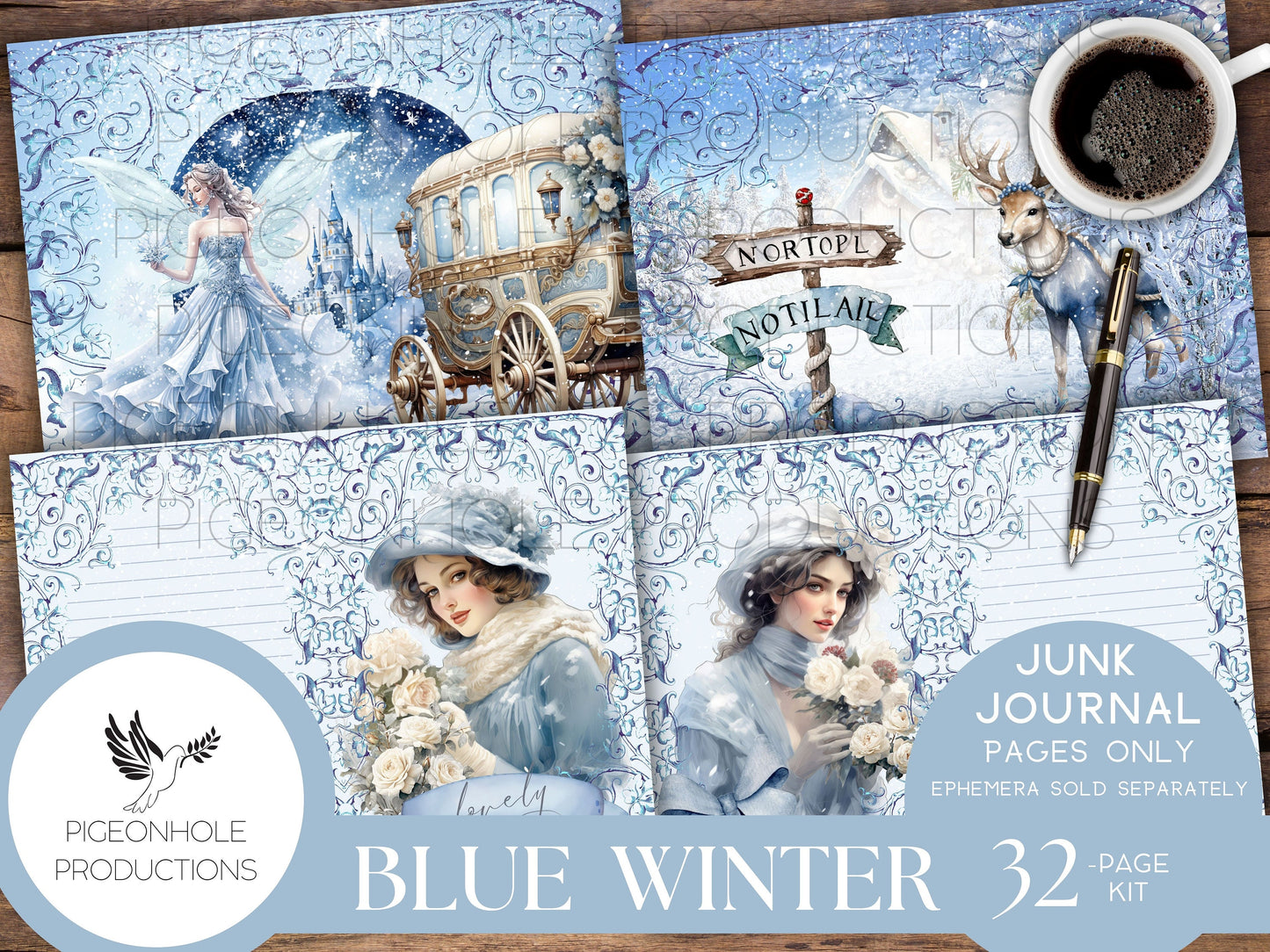 Blue Winter Junk Journal Pages, PRINTABLE, 32 collage, lined & unlined journal papers in frosty winter scenes, lovely blues, pretty images