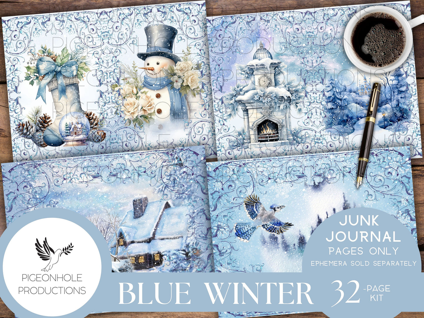 Blue Winter Junk Journal Pages, PRINTABLE, 32 collage, lined & unlined journal papers in frosty winter scenes, lovely blues, pretty images