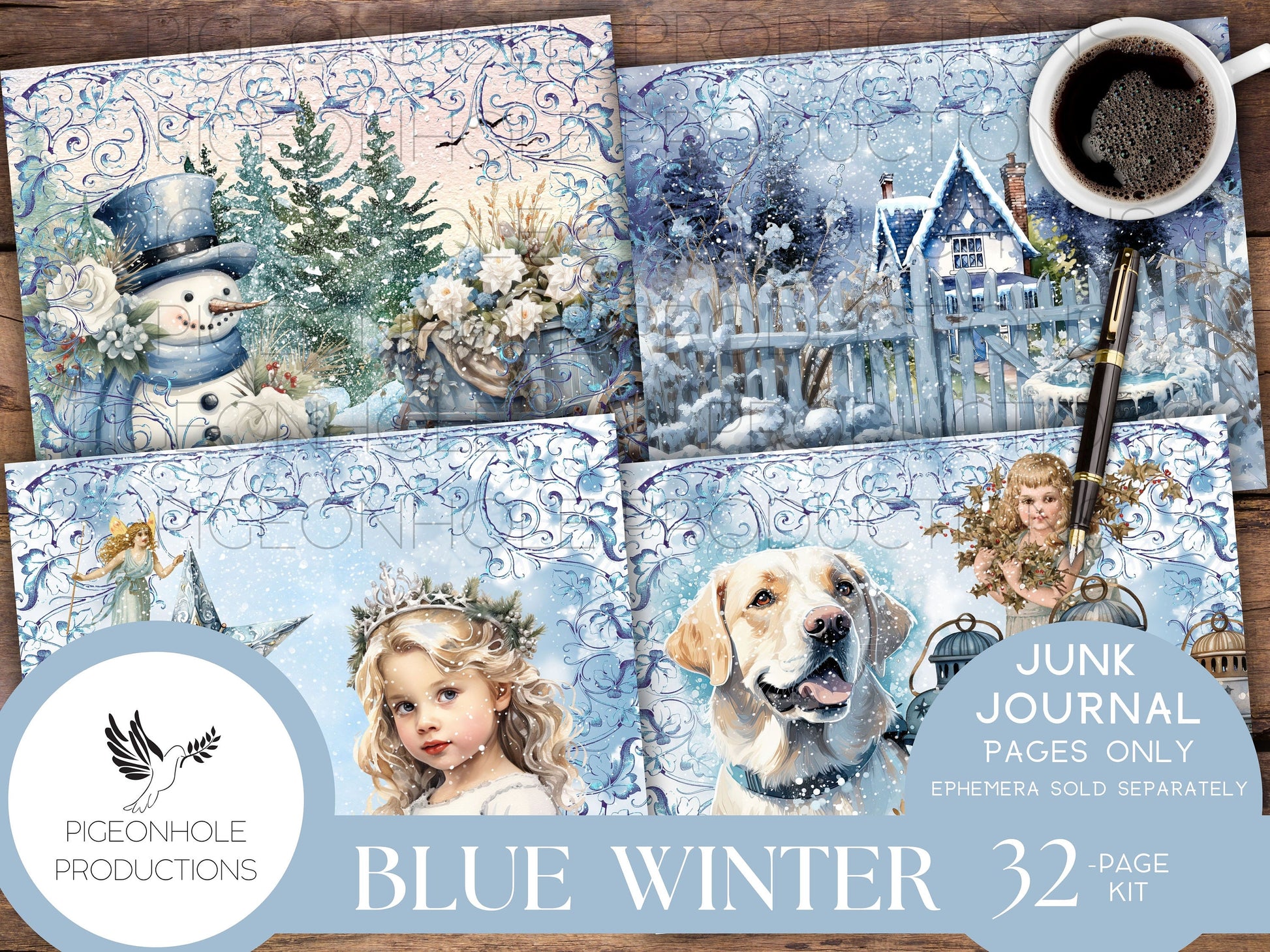 Blue Winter Junk Journal Pages, PRINTABLE, 32 collage, lined & unlined journal papers in frosty winter scenes, lovely blues, pretty images