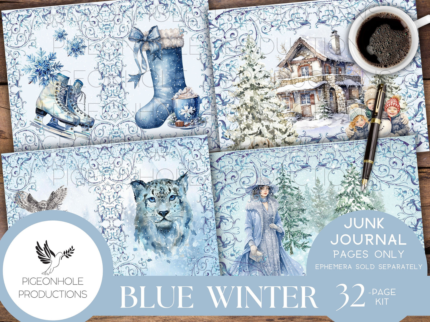 Blue Winter Junk Journal Pages, PRINTABLE, 32 collage, lined & unlined journal papers in frosty winter scenes, lovely blues, pretty images