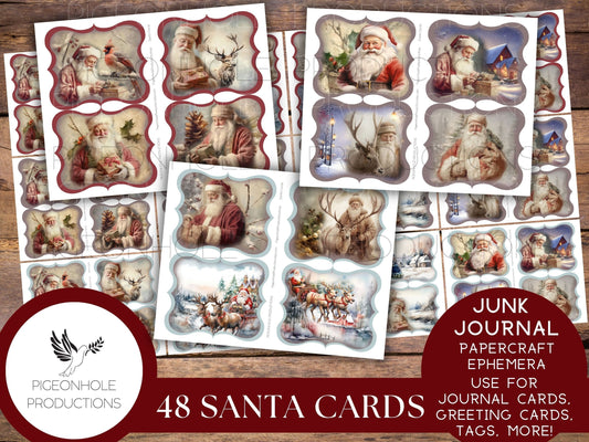 Santa Cards, PRINTABLE, 48 cards for junk journals, traditional journals, papercraft ephemera, greeting card toppers & junk journal toppers