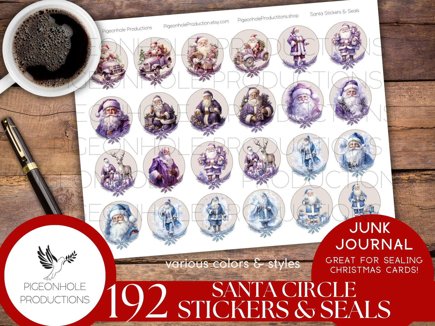 Santa Circle Stickers & Seals, PRINTABLE, 192 Christmas stickers/seals for journals, great for sealing Christmas cards, let the kids play!