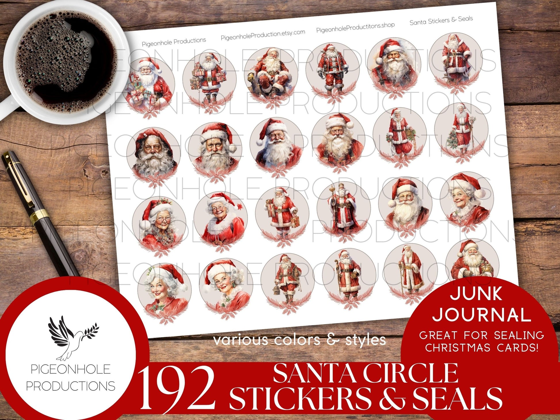 Santa Circle Stickers & Seals, PRINTABLE, 192 Christmas stickers/seals for journals, great for sealing Christmas cards, let the kids play!