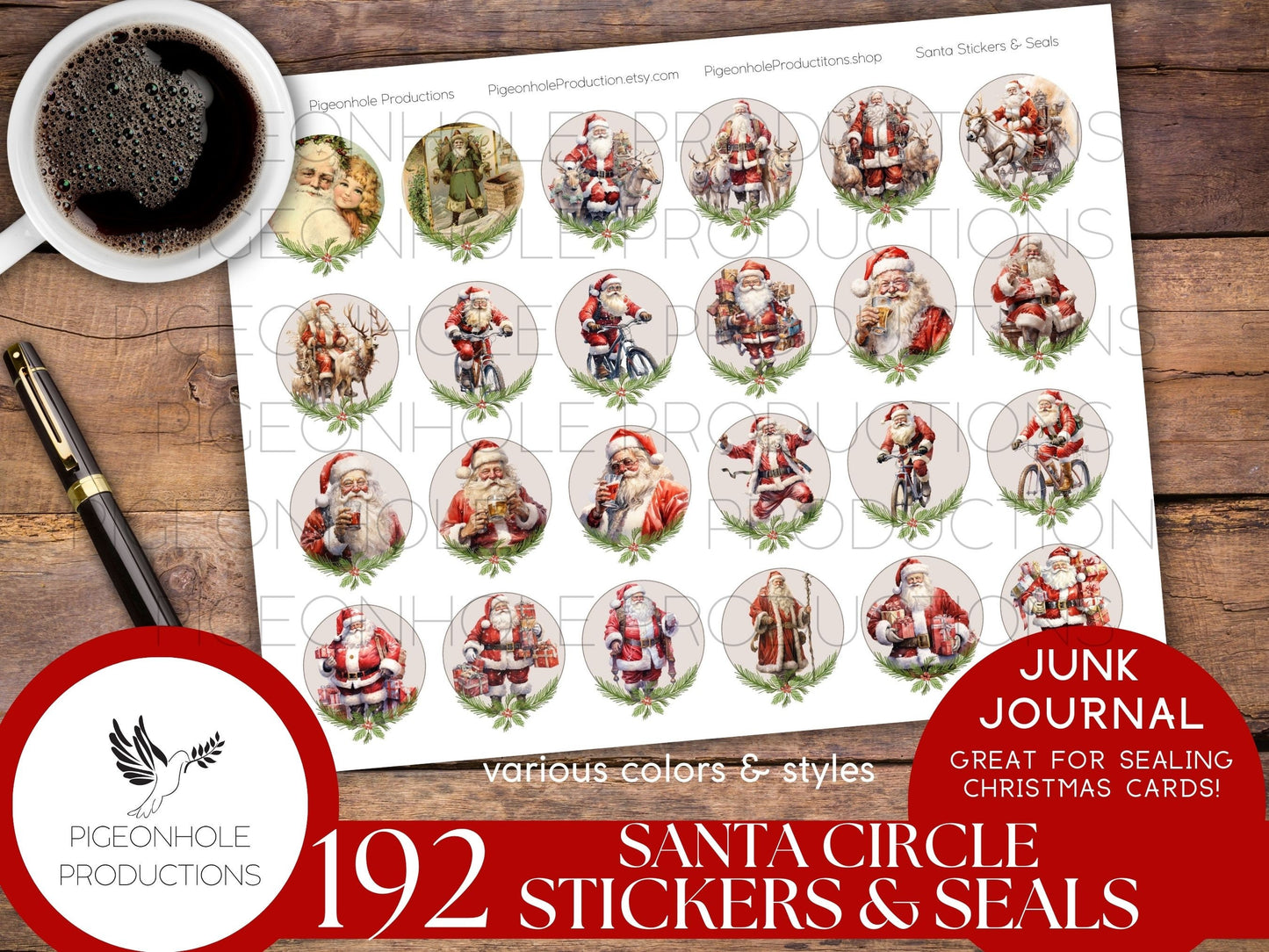 Santa Circle Stickers & Seals, PRINTABLE, 192 Christmas stickers/seals for journals, great for sealing Christmas cards, let the kids play!