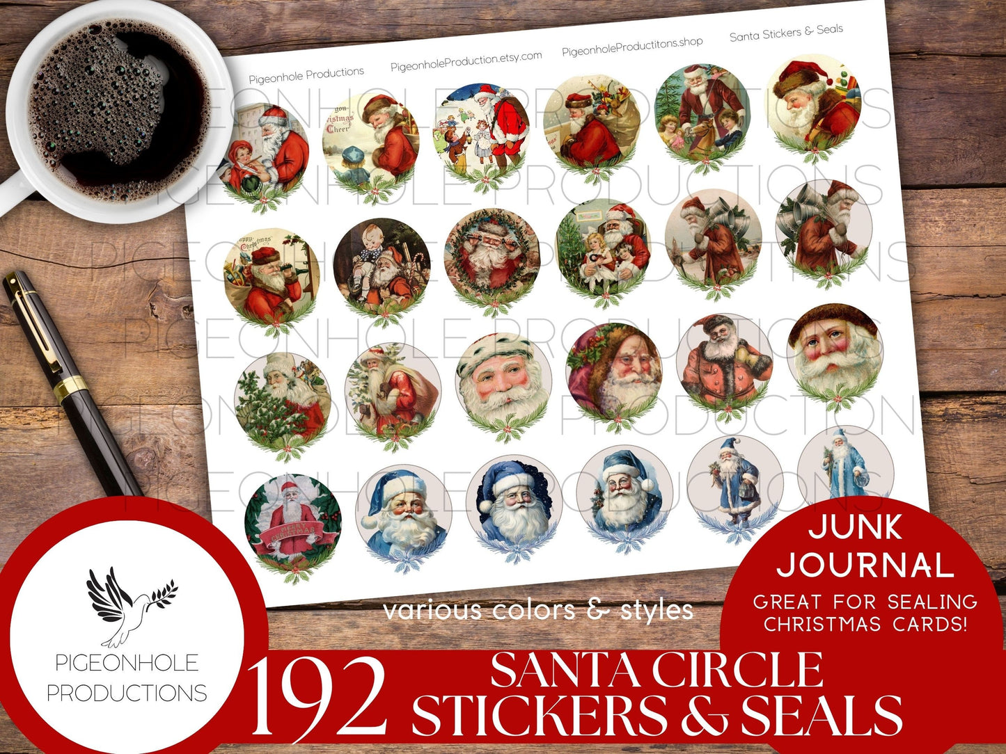 Santa Circle Stickers & Seals, PRINTABLE, 192 Christmas stickers/seals for journals, great for sealing Christmas cards, let the kids play!