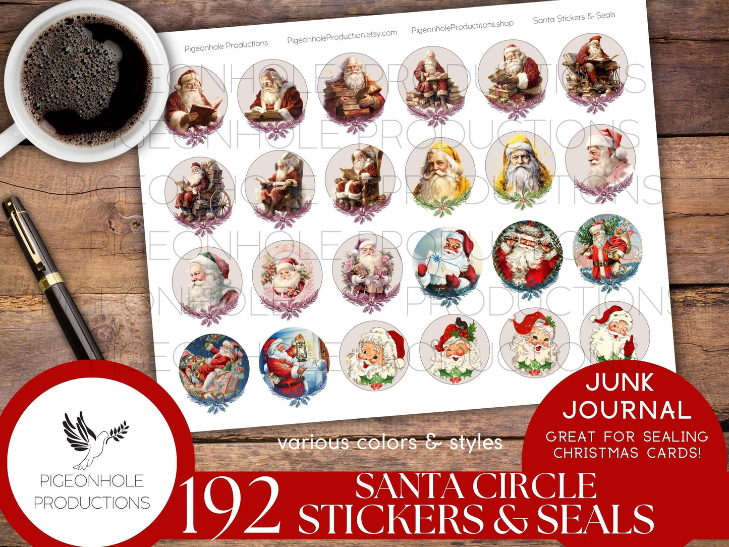 Santa Circle Stickers & Seals, PRINTABLE, 192 Christmas stickers/seals for journals, great for sealing Christmas cards, let the kids play!