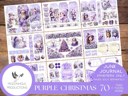 Purple Christmas Junk Journal EPHEMERA, PRINTABLE, 70+ tags, tucks, pockets, envelopes, fussy cuts, stickers, tickets, labels, bookplates