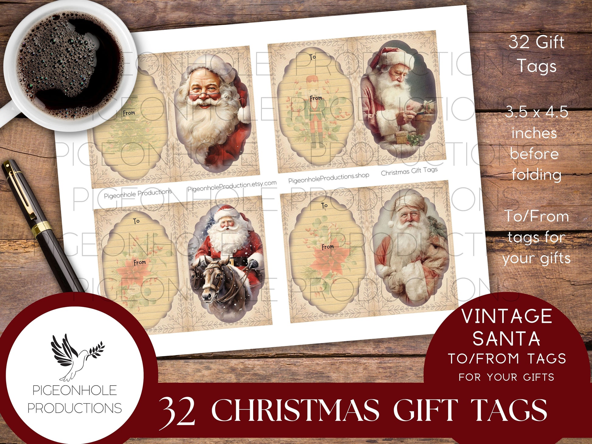 Christmas Gift Tags, PRINTABLE, 32 To/From tags for your gifts, 3.5 x 4.5 inches before folding, fold or not (as you please), Santa & more!