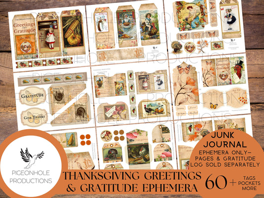 Thanksgiving Greetings & Gratitude Junk Journal EPHEMERA, PRINTABLE, 60+ tags, pockets, envelopes, stickers, fussy cuts, labels, bookplates